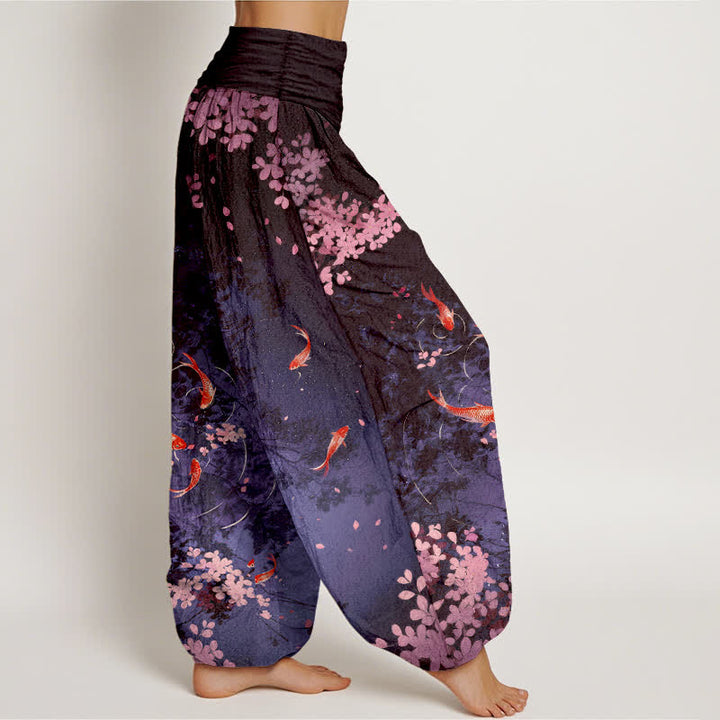 Buddha Stones Pantalon pour femme en pur coton, motif carpes koï et fleurs de cerisier, taille élastique et poches - image 9