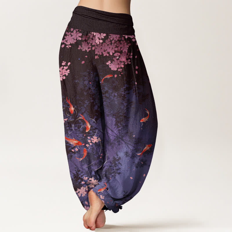 Buddha Stones Pantalon pour femme en pur coton, motif carpes koï et fleurs de cerisier, taille élastique et poches - image 10