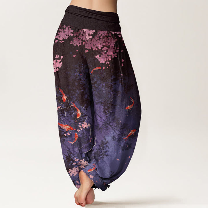 Buddha Stones Pantalon pour femme en pur coton, motif carpes koï et fleurs de cerisier, taille élastique et poches - image 10