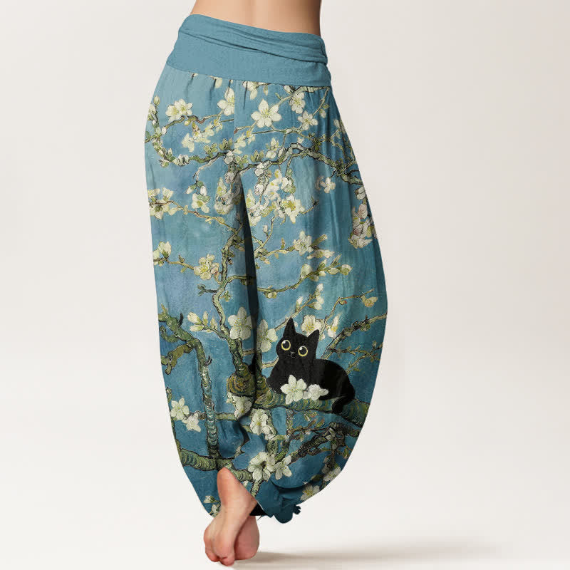 Buddha Stones Pantalon harem pour femme en pur coton à motif floral et chat, taille élastique - image 2
