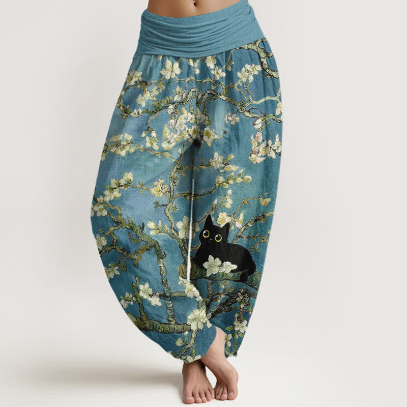 Buddha Stones Pantalon harem pour femme en pur coton à motif floral et chat, taille élastique - CadetBlue - US16，UK/AU20，EU48 (3XL) - image 0