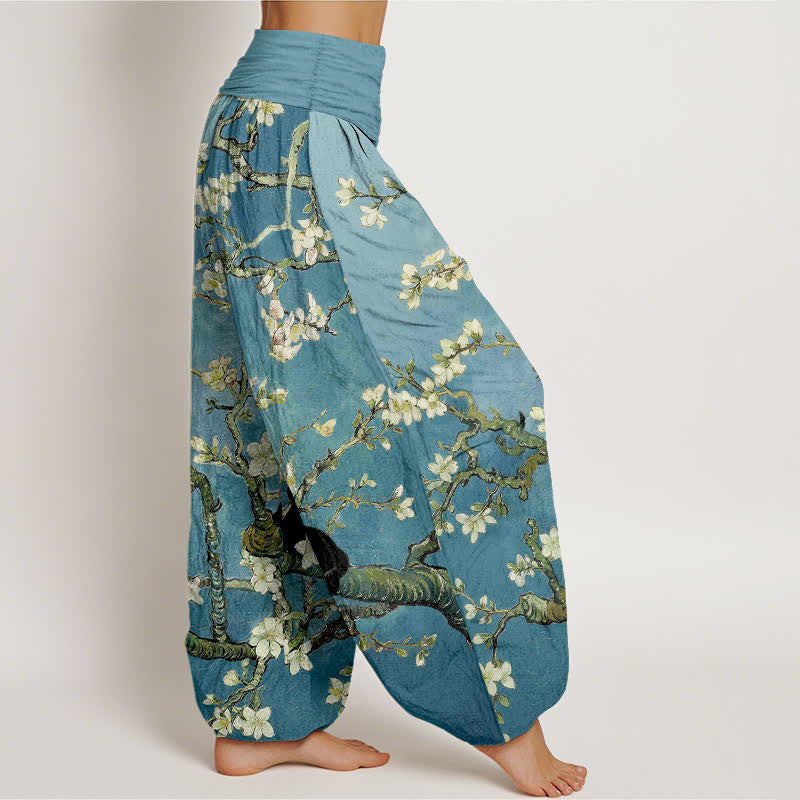 Buddha Stones Pantalon harem pour femme en pur coton à motif floral et chat, taille élastique - image 1