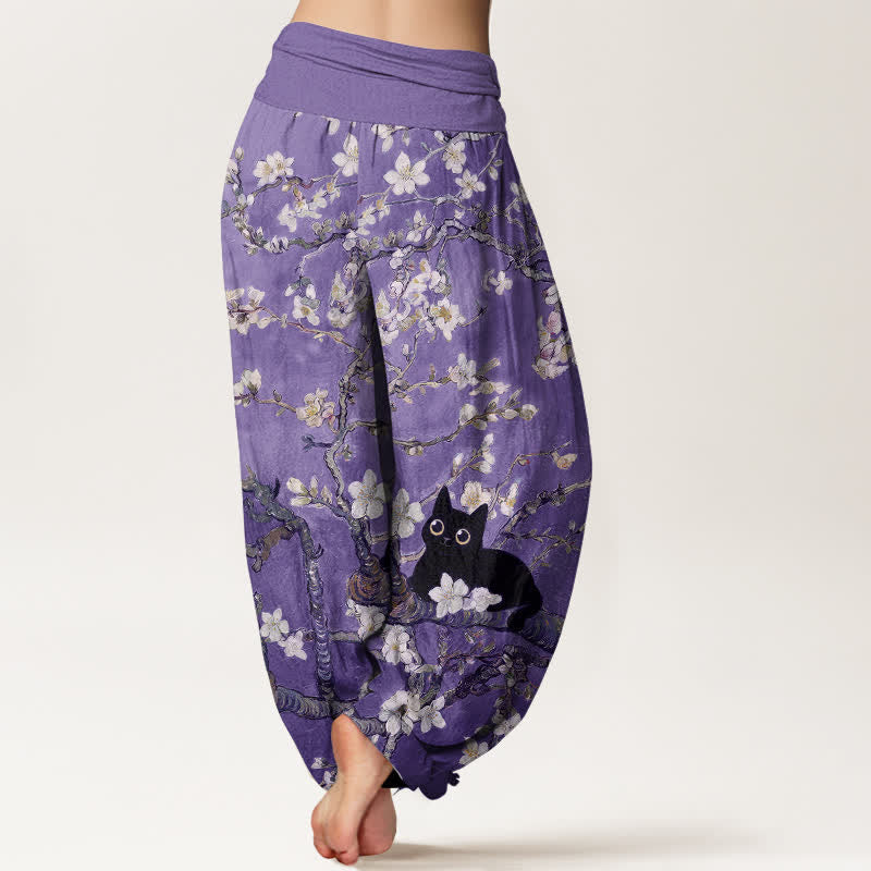 Buddha Stones Pantalon harem pour femme en pur coton à motif floral et chat, taille élastique - image 7