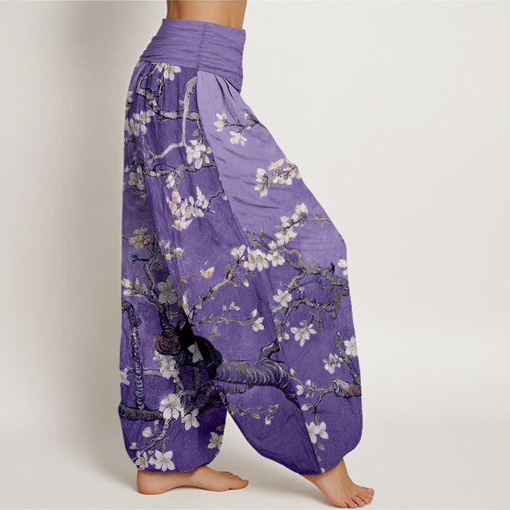 Buddha Stones Pantalon harem pour femme en pur coton à motif floral et chat, taille élastique - image 6