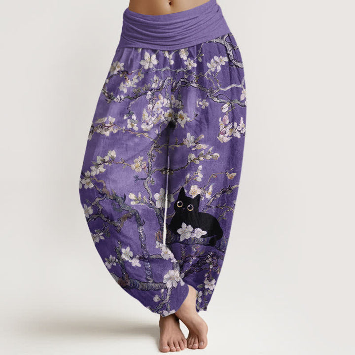 Buddha Stones Pantalon harem pour femme en pur coton à motif floral et chat, taille élastique - Violet moyen - US16，UK/AU20，EU48 (3XL) - image 5