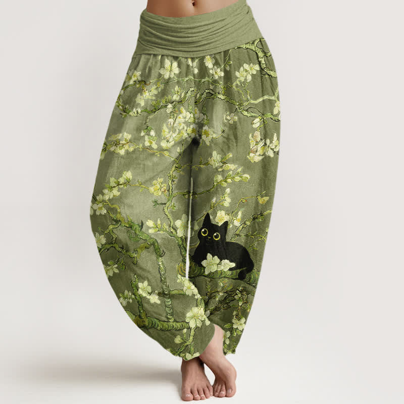 Buddha Stones Pantalon harem pour femme en pur coton à motif floral et chat, taille élastique - Vert olive - US16，UK/AU20，EU48 (3XL) - image 8
