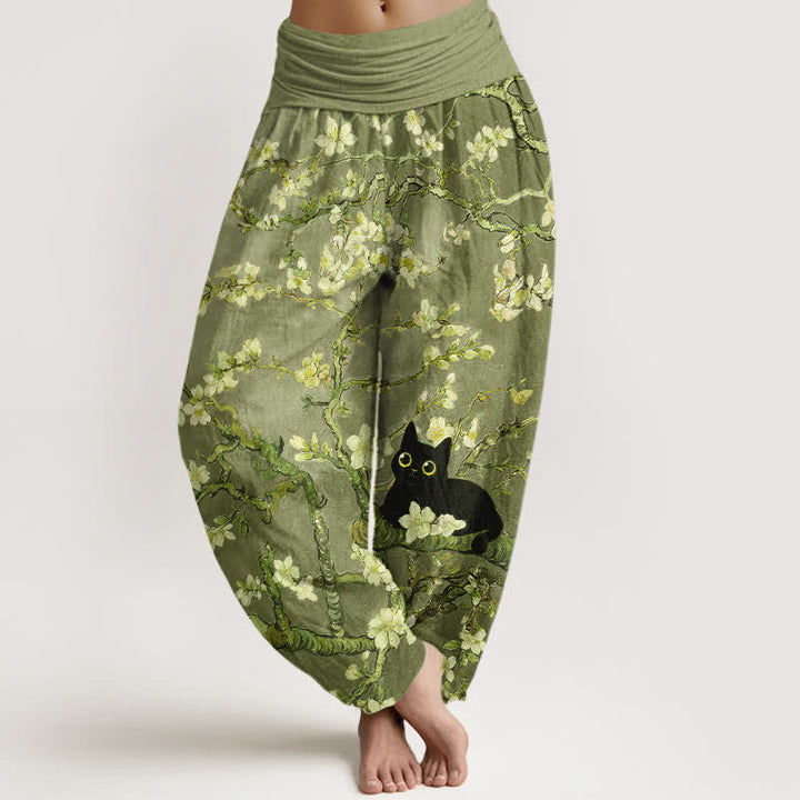 Buddha Stones Pantalon harem pour femme en pur coton à motif floral et chat, taille élastique - Vert olive - US16，UK/AU20，EU48 (3XL) - image 8