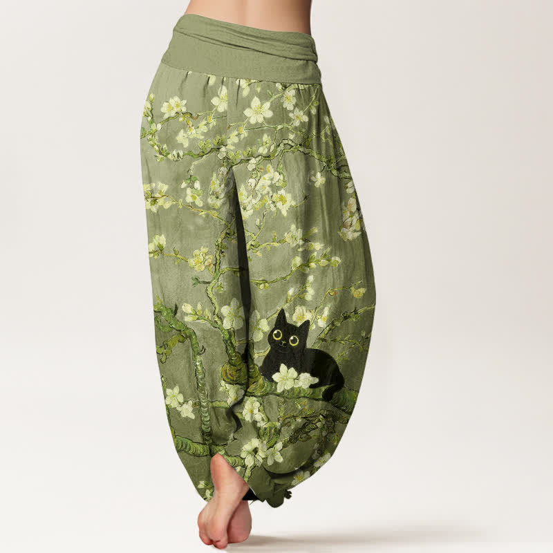 Buddha Stones Pantalon harem pour femme en pur coton à motif floral et chat, taille élastique - image 10