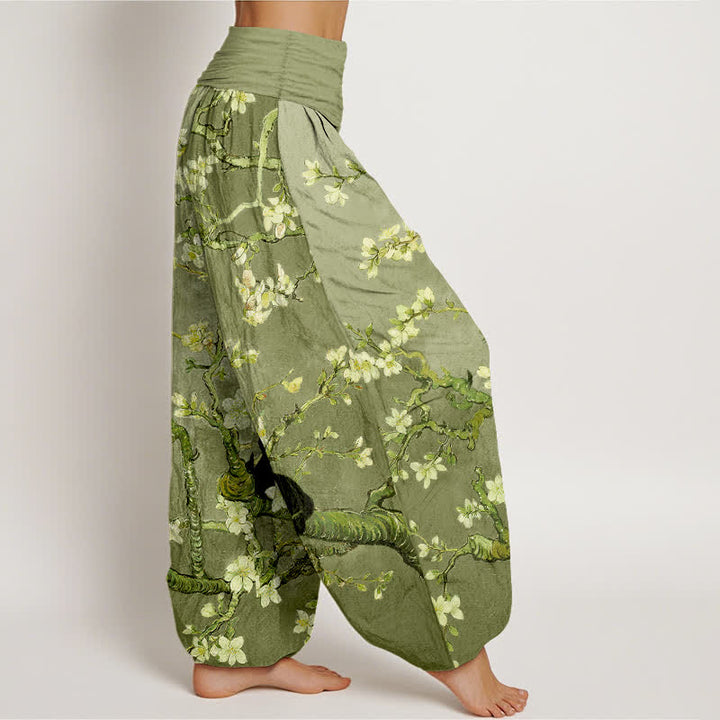 Buddha Stones Pantalon harem pour femme en pur coton à motif floral et chat, taille élastique - image 9
