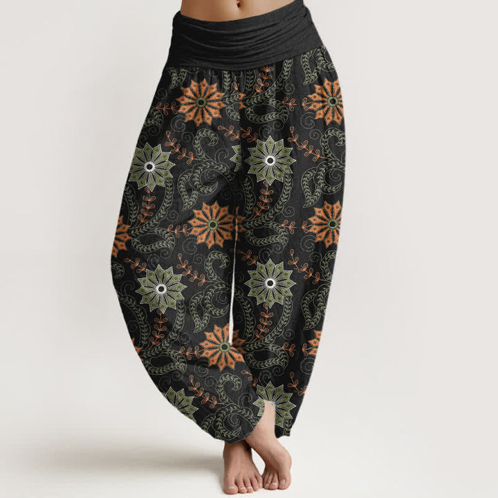 Buddha Stones Pantalon harem bohème en coton à motif mandala et vigne, taille élastique, pour femme - Noir - US16，UK/AU20，EU48 (3XL) - image 0