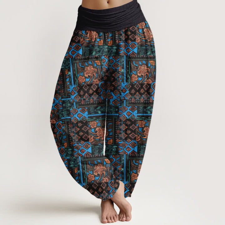 Buddha Stones Pantalon harem pour femme en pur coton à motif géométrique bohème et taille élastique - Noir - US16，UK/AU20，EU48 (3XL) - image 0