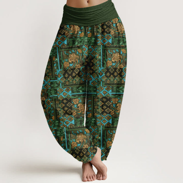 Buddha Stones Pantalon harem pour femme en pur coton à motif géométrique bohème et taille élastique - Vert olive foncé - US16，UK/AU20，EU48 (3XL) - image 5