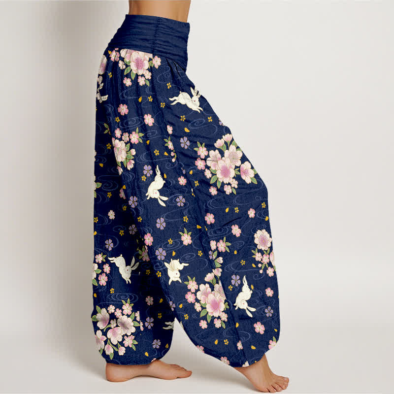 Buddha Stones Pantalon harem pour femme en pur coton à motif floral et lapin, taille élastique - image 1