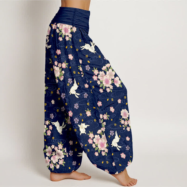 Buddha Stones Pantalon harem pour femme en pur coton à motif floral et lapin, taille élastique - image 1