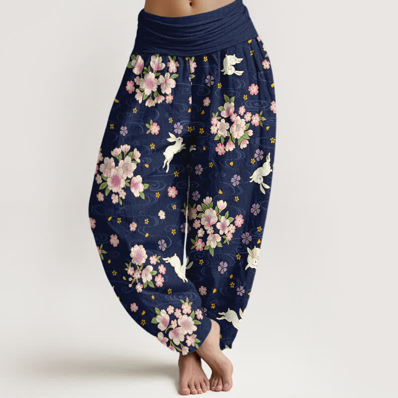 Buddha Stones Pantalon harem pour femme en pur coton à motif floral et lapin, taille élastique - Bleu nuit - US16，UK/AU20，EU48 (3XL) - image 0