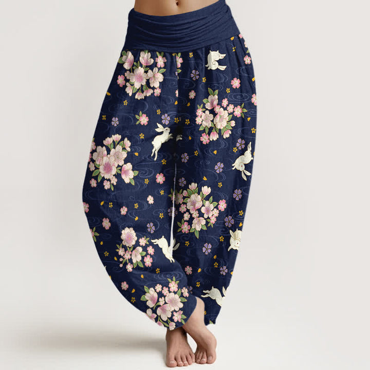 Buddha Stones Pantalon harem pour femme en pur coton à motif floral et lapin, taille élastique - Bleu nuit - US16，UK/AU20，EU48 (3XL) - image 0