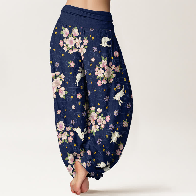 Buddha Stones Pantalon harem pour femme en pur coton à motif floral et lapin, taille élastique - image 2