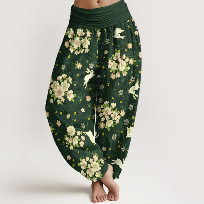 Buddha Stones Pantalon harem pour femme en pur coton à motif floral et lapin, taille élastique - Vert foncé - US16，UK/AU20，EU48 (3XL) - image 5
