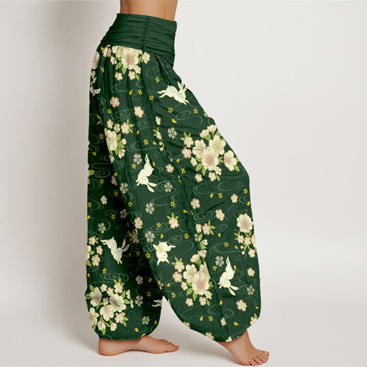 Buddha Stones Pantalon harem pour femme en pur coton à motif floral et lapin, taille élastique - image 6