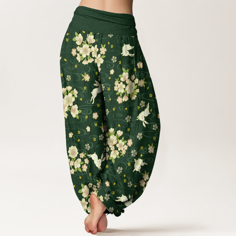 Buddha Stones Pantalon harem pour femme en pur coton à motif floral et lapin, taille élastique - image 7