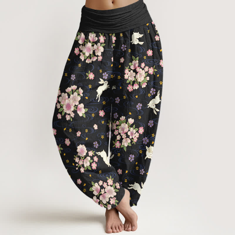 Buddha Stones Pantalon harem pour femme en pur coton à motif floral et lapin, taille élastique - Noir - US16，UK/AU20，EU48 (3XL) - image 8