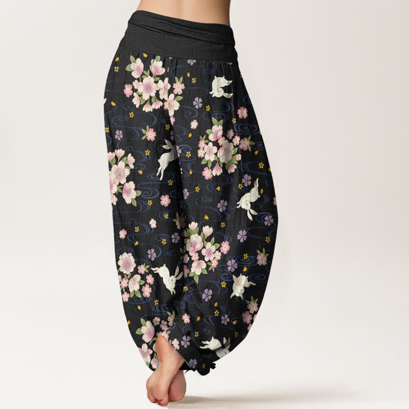 Buddha Stones Pantalon harem pour femme en pur coton à motif floral et lapin, taille élastique - image 10
