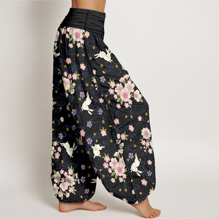 Buddha Stones Pantalon harem pour femme en pur coton à motif floral et lapin, taille élastique - image 9