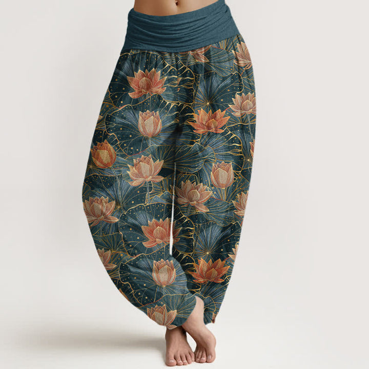 Buddha Stones Pantalon harem pour femme en pur coton à motif lotus et taille élastique - Sarcelle - US16，UK/AU20，EU48 (3XL) - image 0