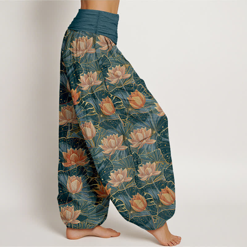Buddha Stones Pantalon harem pour femme en pur coton à motif lotus et taille élastique - image 1