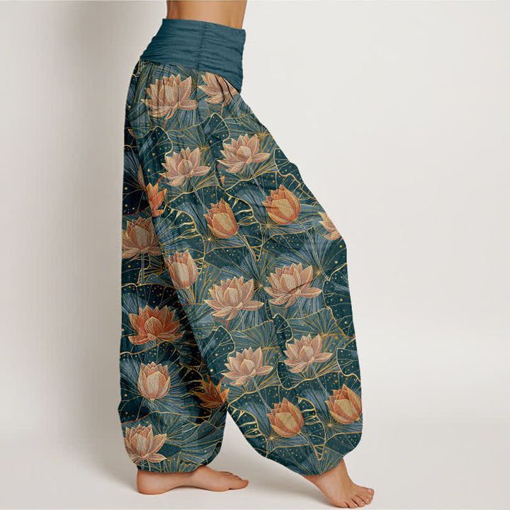 Buddha Stones Pantalon harem pour femme en pur coton à motif lotus et taille élastique - image 1