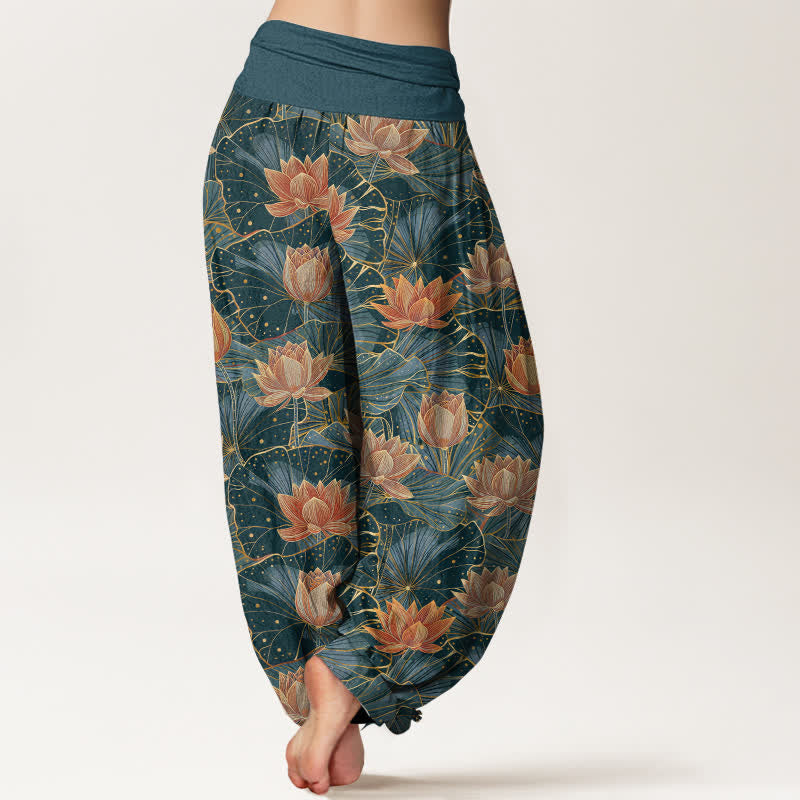 Buddha Stones Pantalon harem pour femme en pur coton à motif lotus et taille élastique - image 2