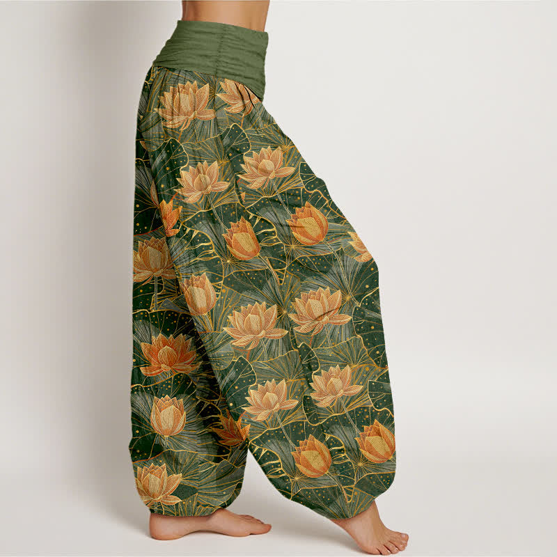 Buddha Stones Pantalon harem pour femme en pur coton à motif lotus et taille élastique - image 6