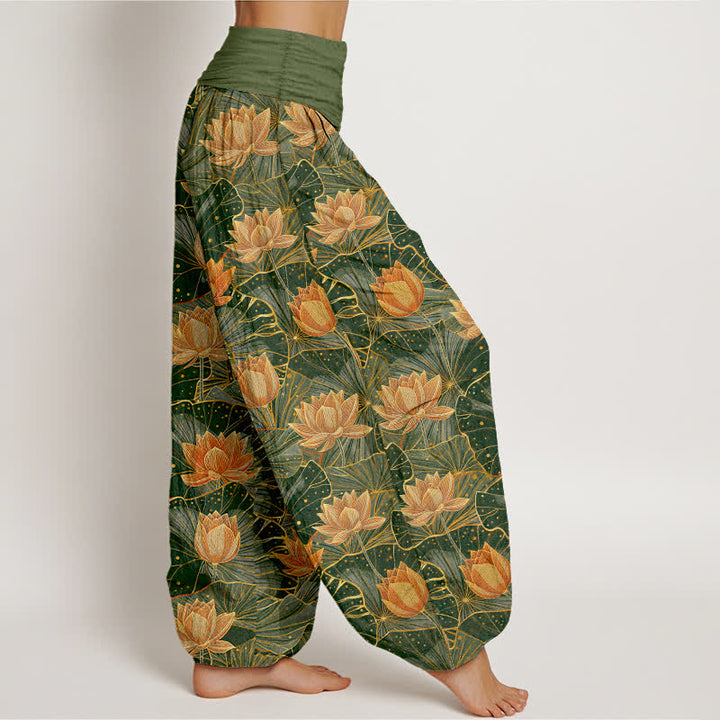 Buddha Stones Pantalon harem pour femme en pur coton à motif lotus et taille élastique - image 6