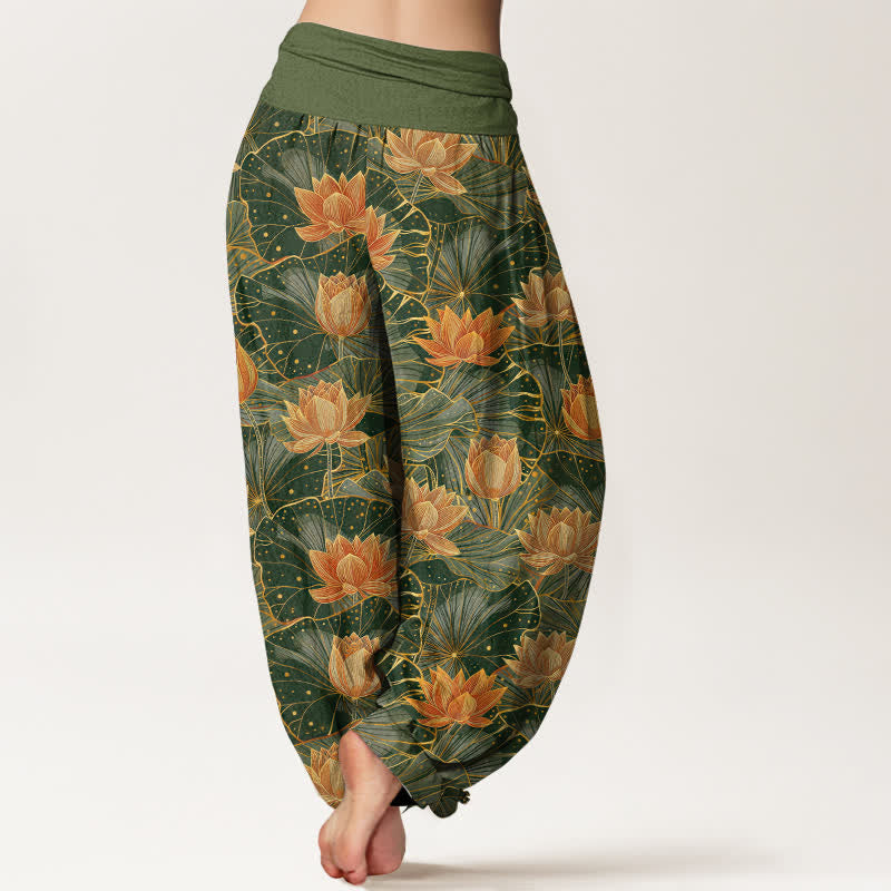 Buddha Stones Pantalon harem pour femme en pur coton à motif lotus et taille élastique - image 7