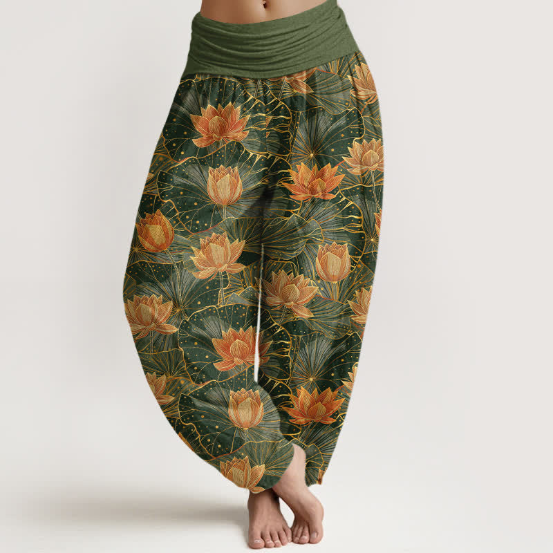 Buddha Stones Pantalon harem pour femme en pur coton à motif lotus et taille élastique - Vert olive foncé - US16，UK/AU20，EU48 (3XL) - image 5