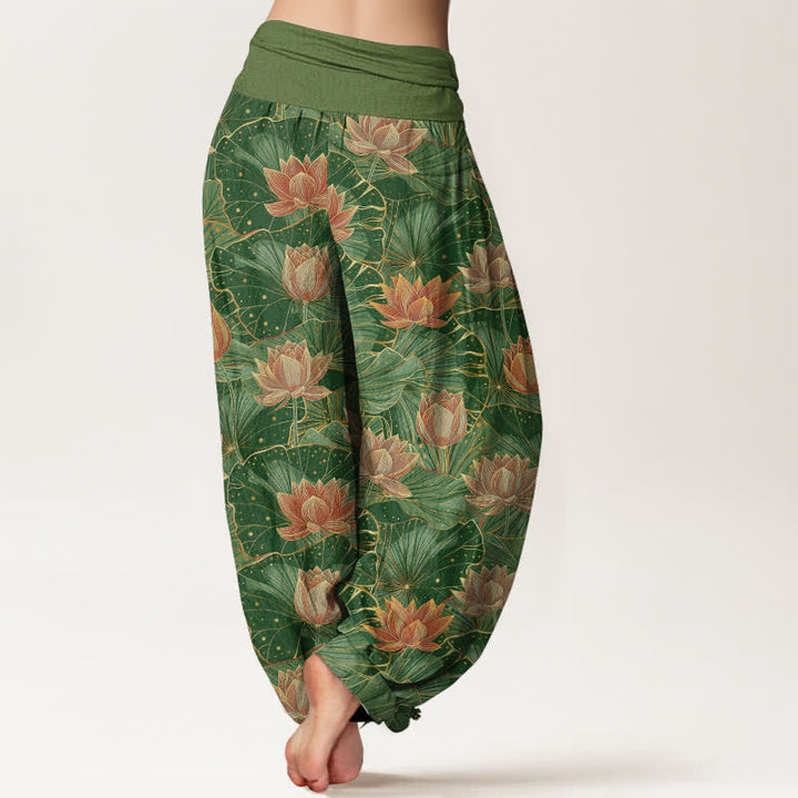 Buddha Stones Pantalon harem pour femme en pur coton à motif lotus et taille élastique - image 10