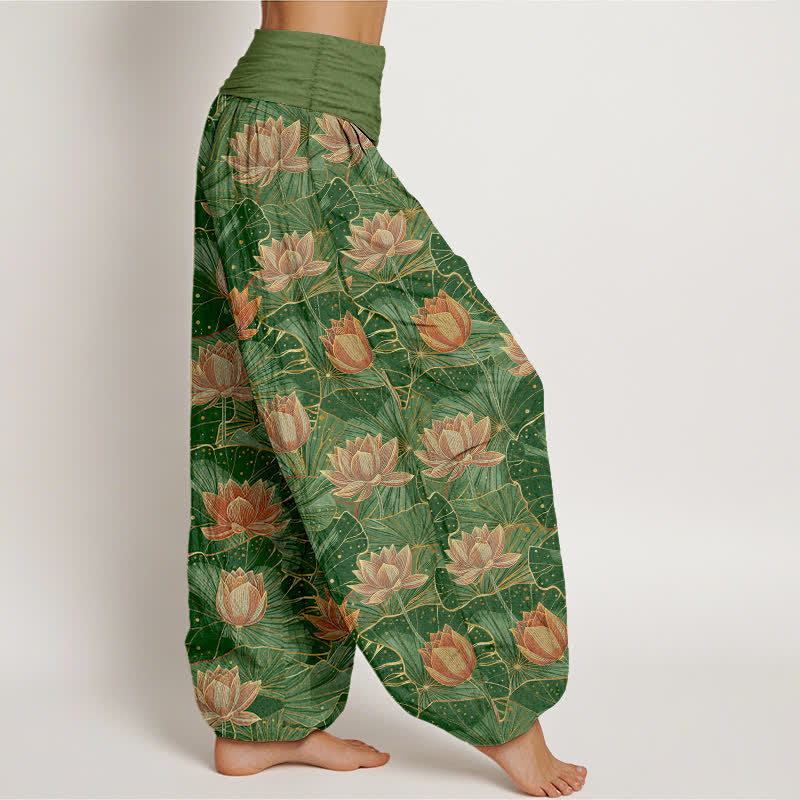 Buddha Stones Pantalon harem pour femme en pur coton à motif lotus et taille élastique - image 9