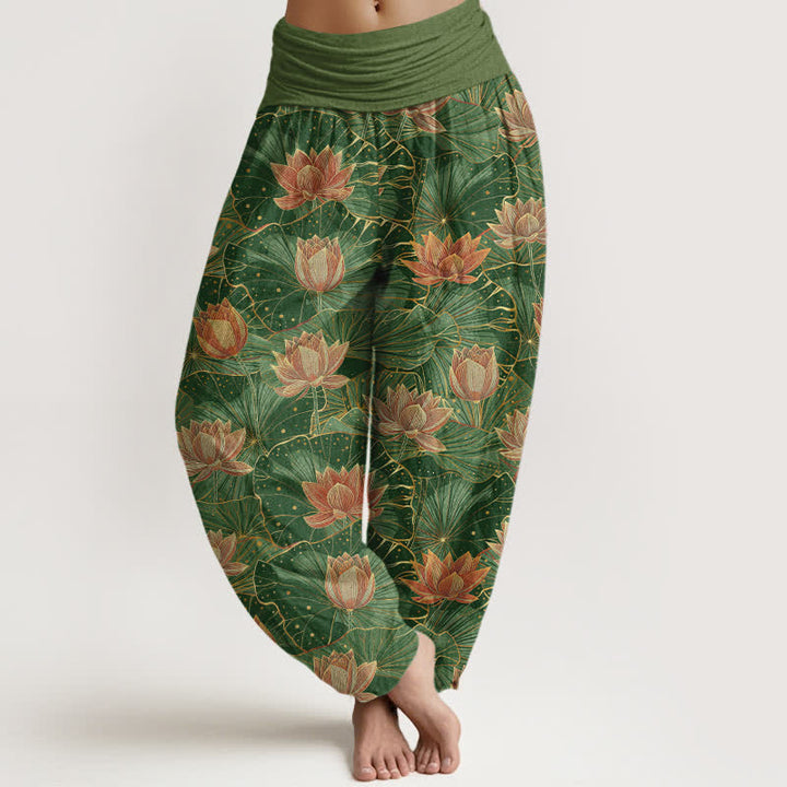 Buddha Stones Pantalon harem pour femme en pur coton à motif lotus et taille élastique - Vert forêt - US16，UK/AU20，EU48 (3XL) - image 8