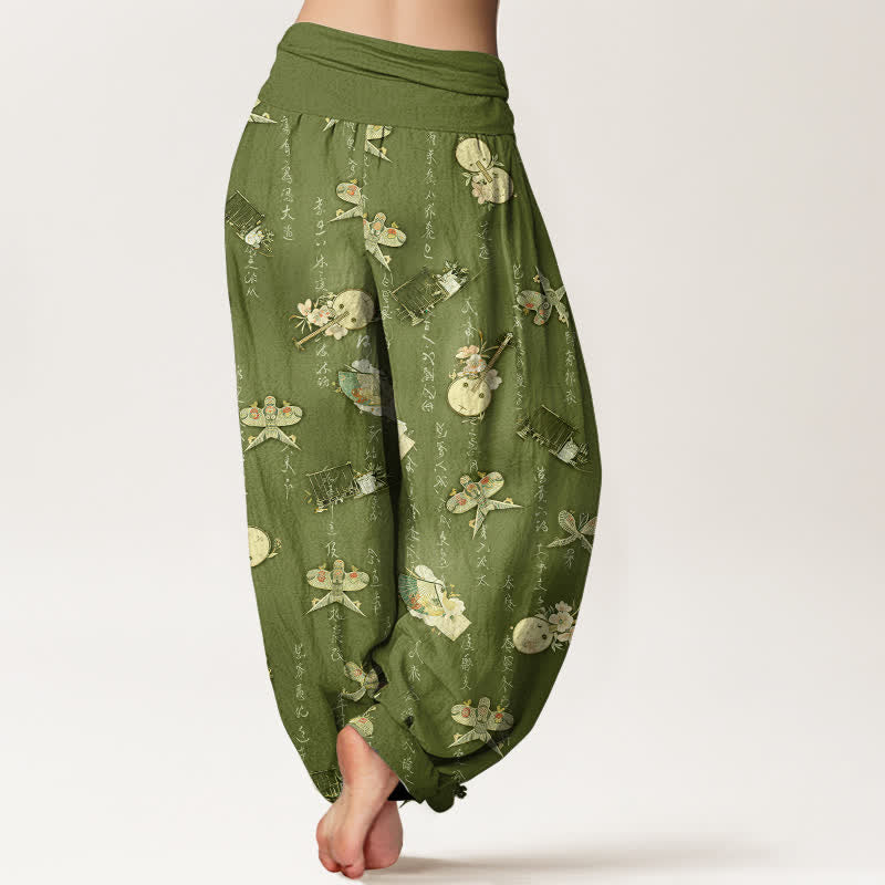Buddha Stones Pantalon harem pour femme en pur coton, à taille élastique et motif calligraphique d'instruments de musique et de cerf-volant - image 2