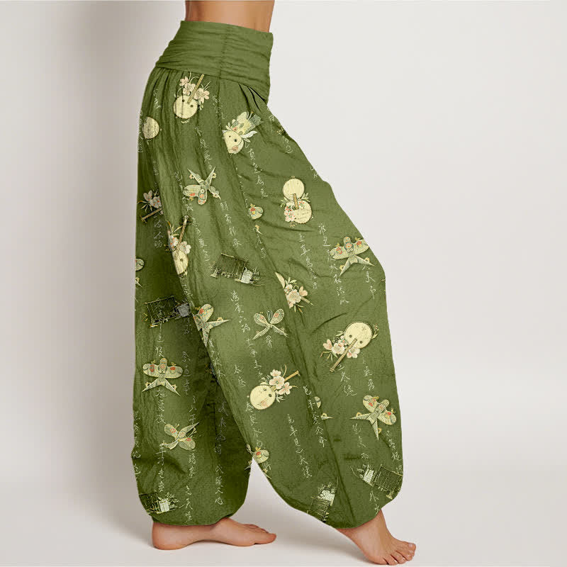 Buddha Stones Pantalon harem pour femme en pur coton, à taille élastique et motif calligraphique d'instruments de musique et de cerf-volant - image 1