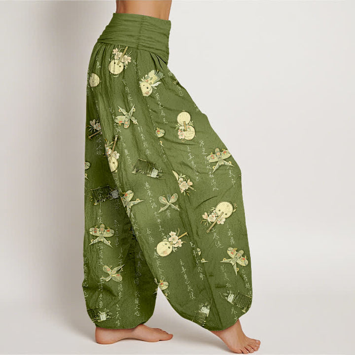 Buddha Stones Pantalon harem pour femme en pur coton, à taille élastique et motif calligraphique d'instruments de musique et de cerf-volant - image 1