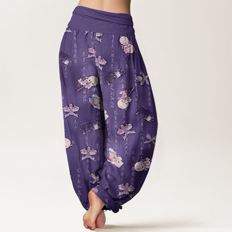 Buddha Stones Pantalon harem pour femme en pur coton, à taille élastique et motif calligraphique d'instruments de musique et de cerf-volant - image 7