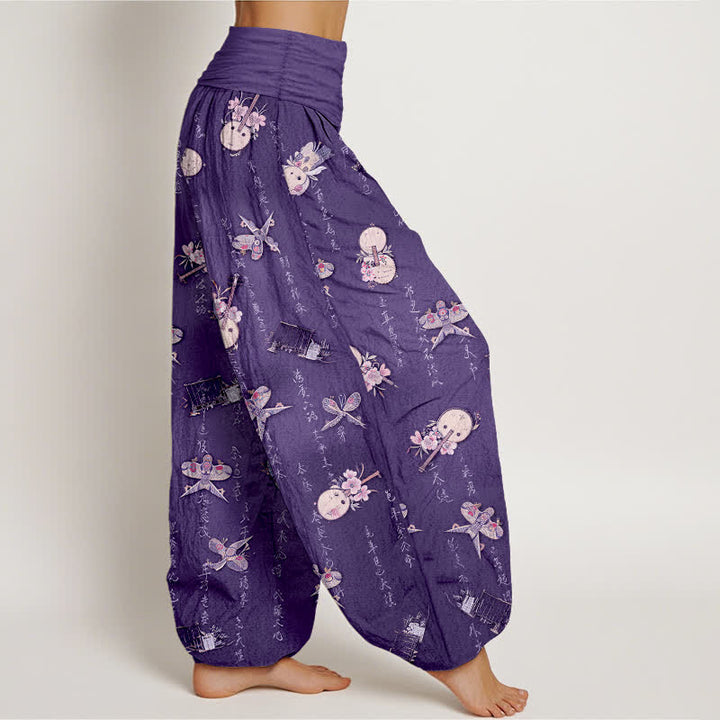 Buddha Stones Pantalon harem pour femme en pur coton, à taille élastique et motif calligraphique d'instruments de musique et de cerf-volant - image 6