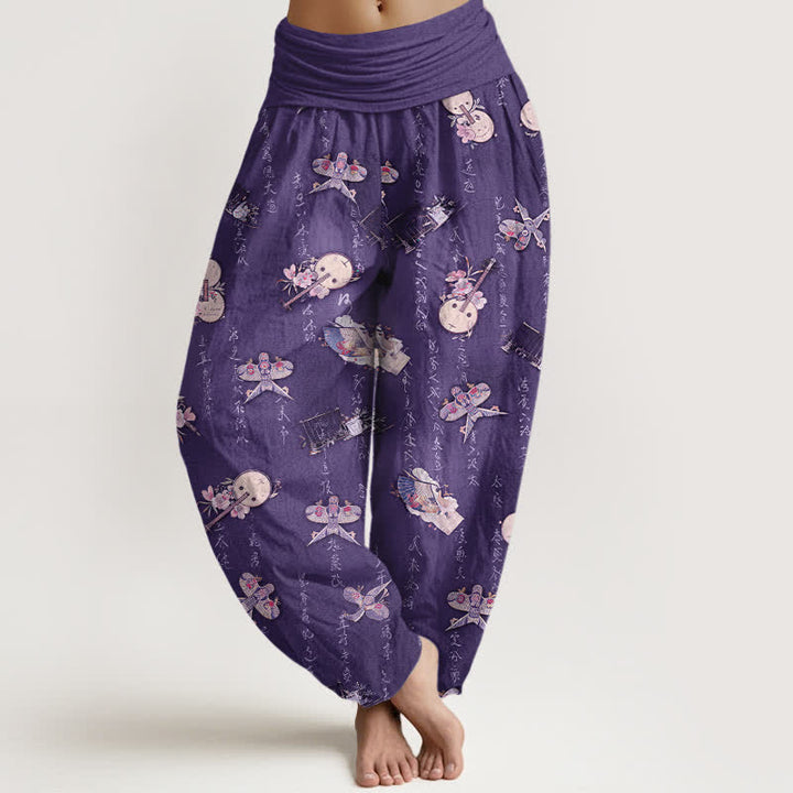 Buddha Stones Pantalon harem pour femme en pur coton, à taille élastique et motif calligraphique d'instruments de musique et de cerf-volant - Indigo - US16，UK/AU20，EU48 (3XL) - image 5