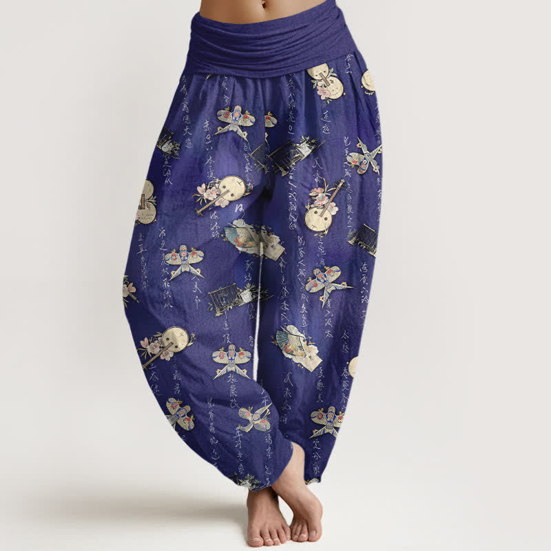 Buddha Stones Pantalon harem pour femme en pur coton, à taille élastique et motif calligraphique d'instruments de musique et de cerf-volant - Bleu ardoise foncé - US16，UK/AU20，EU48 (3XL) - image 8
