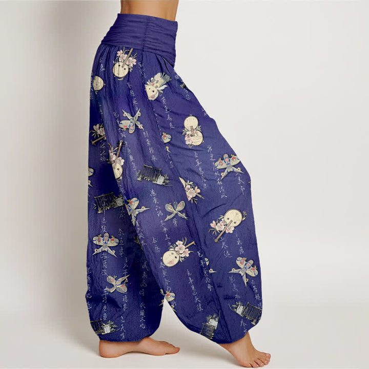 Buddha Stones Pantalon harem pour femme en pur coton, à taille élastique et motif calligraphique d'instruments de musique et de cerf-volant - image 9