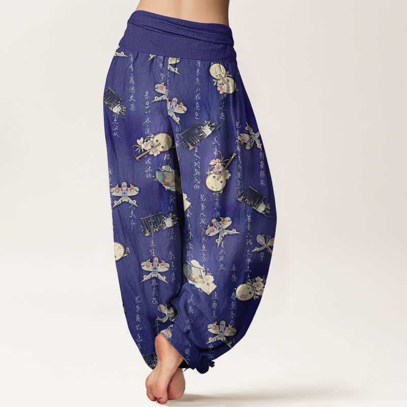 Buddha Stones Pantalon harem pour femme en pur coton, à taille élastique et motif calligraphique d'instruments de musique et de cerf-volant - image 10