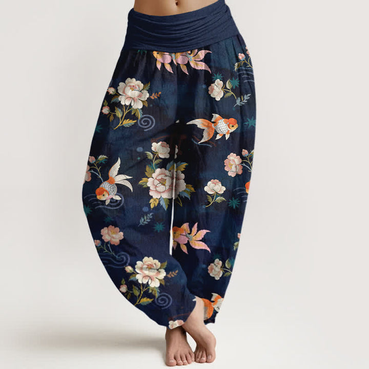 Buddha Stones Pantalon harem pour femme en pur coton à motif floral et carpes koï, taille élastique - Bleu nuit - US16，UK/AU20，EU48 (3XL) - image 0
