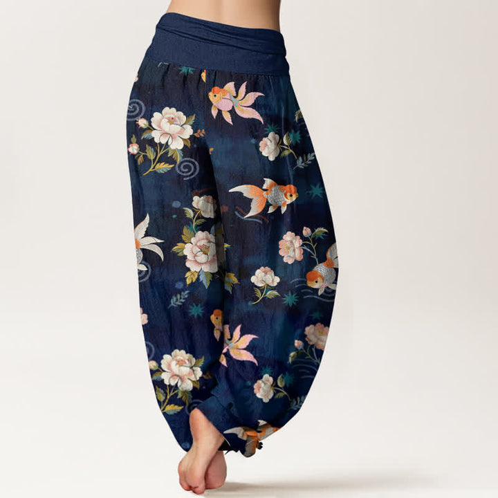 Buddha Stones Pantalon harem pour femme en pur coton à motif floral et carpes koï, taille élastique - image 2