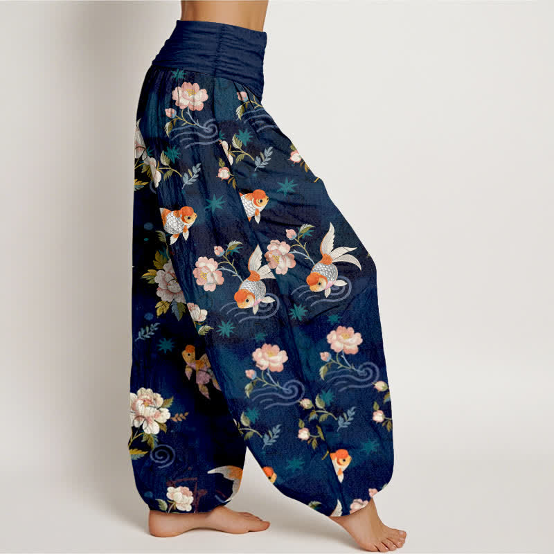 Buddha Stones Pantalon harem pour femme en pur coton à motif floral et carpes koï, taille élastique - image 1